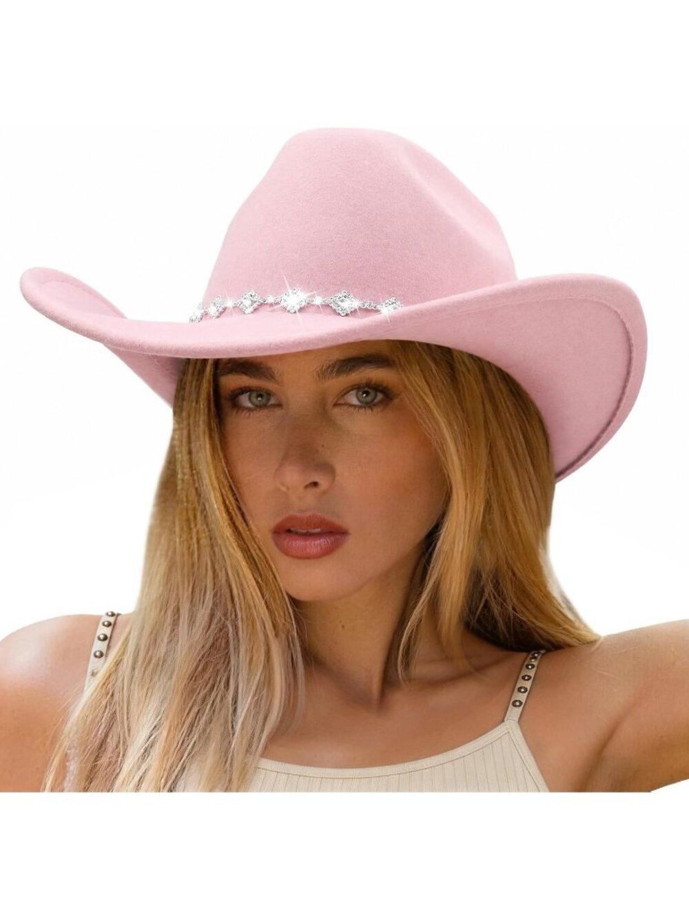 Women's Light Pink Rhinestone Glitter Wide Brim Felt Cowboy Western Cowgirl Hat